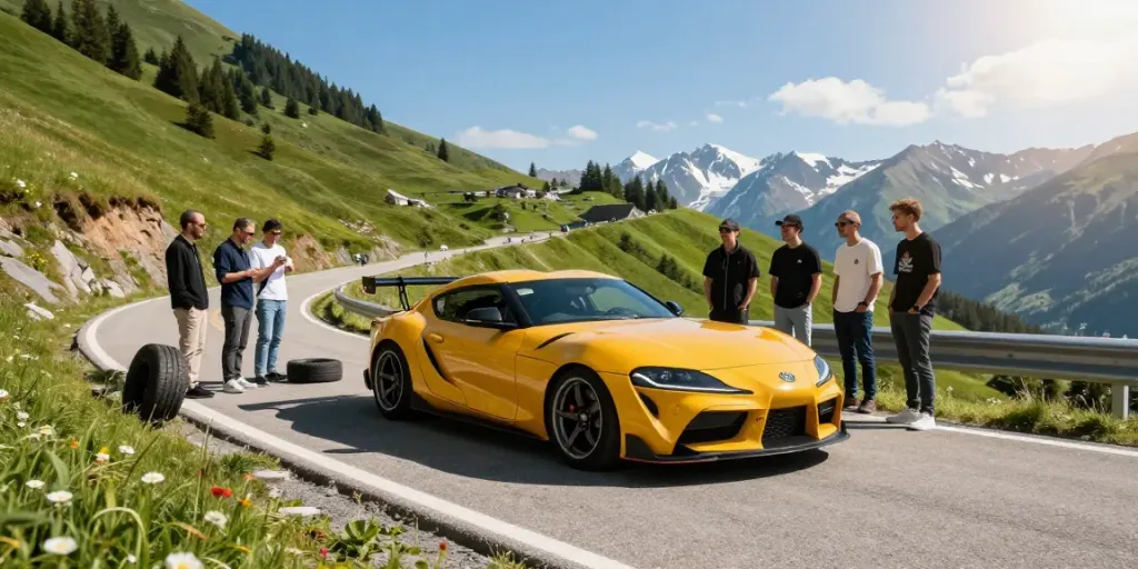 The A80 platform Toyota Supra being showcased by enthusiasts on a scenic mountain road.
